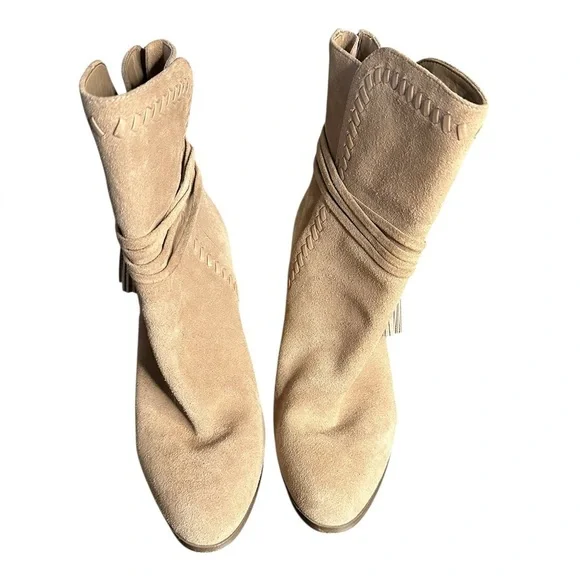 Coach Beige Jessie Suede Heeled Boots with Tassel Size 8 - Picture 4 of 8